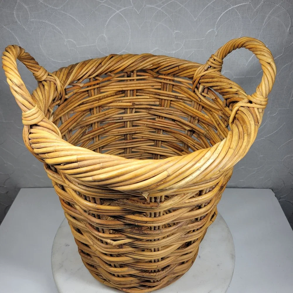 Handmade Woven Wicker Stick Basket Large Rustic Storage Handles Farmhouse Decor